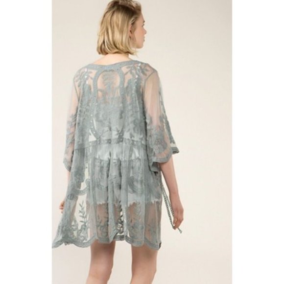 POL Other - Pol JCT230 Gray Mesh Embroidered Floral Lace Tie Front Cover up Cardigan Size S